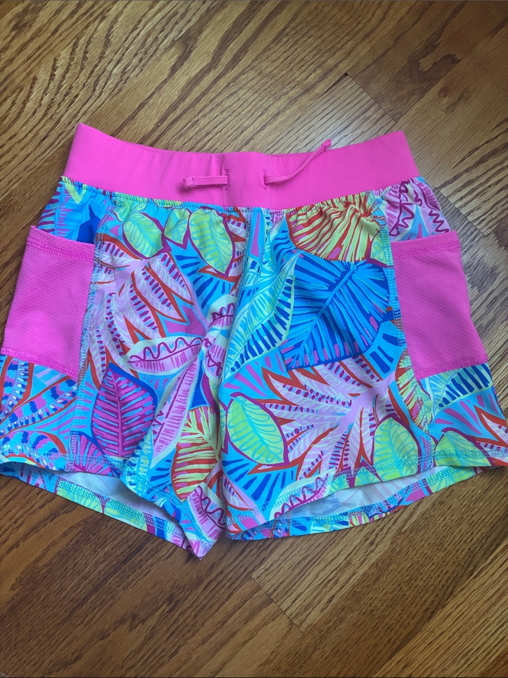 Girls Pink Tropical Print Athletic Shorts